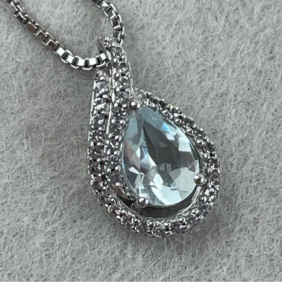 Aquamarine Teardrop Pendant Necklace White Topaz Sterling Silver 16” Chain - Picture 11 of 12